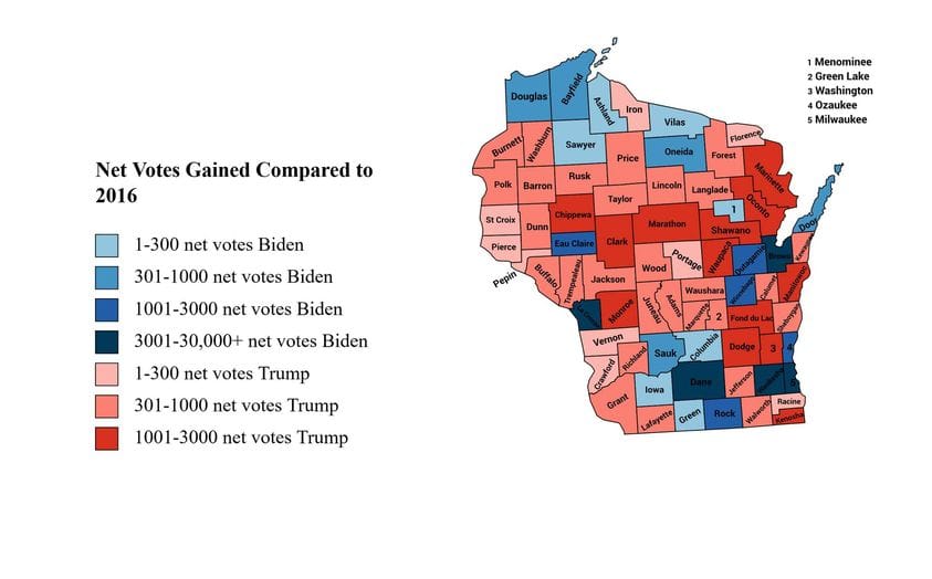 A map showing whether Joe Biden or Donald Trump netted more raw votes out each Wisconsin county in 2020 compared to the 2016 presidential race. The map, with some exceptions, shows gains for Biden in urban and suburban Wisconsin, and gains for Trump in rural Wisconsin.