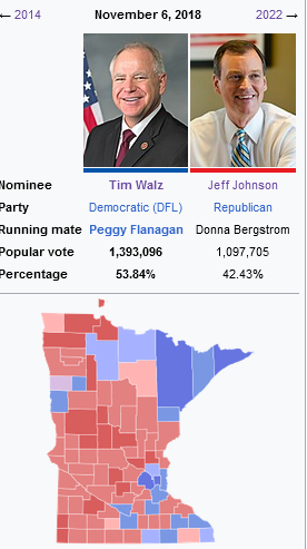 An election map of Tim Walz's 2018 victory against Republican Jeff Johnson.