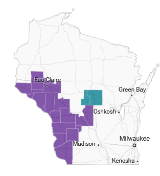 A map of Rebecca Cooke's victory in the 2024 Democratic primary for WI-03. The map shows Wisconsin's Third District, which has two colors of: purple for Cooke counties, turquoise for Shankland counties. The counties are mostly colored in purple, showing Cooke's strength throughout the district. She won by 9 points.