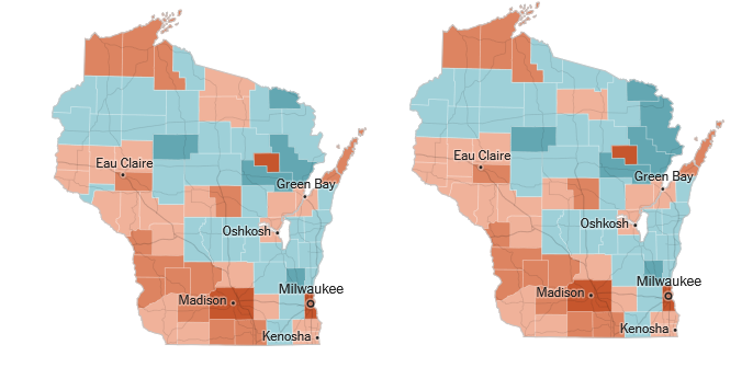 2 maps of the results of question 1 (left) and question 2 (right). Orange is "no" and green is "yes." Both maps look almost identical, and represent victories for "no."