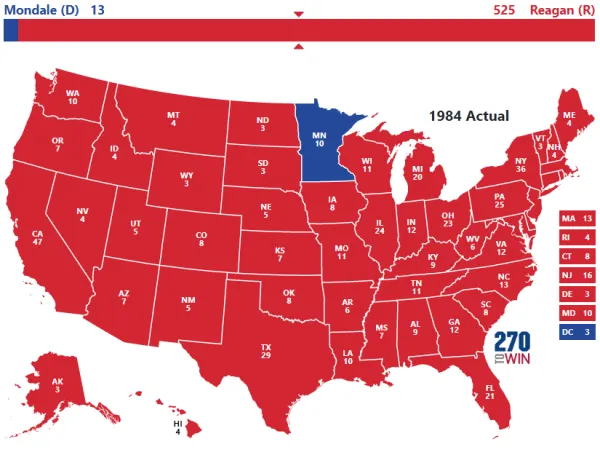 gainst Walter Mondale. The only state colored blue for a Democratic win on the map is Minnesota.