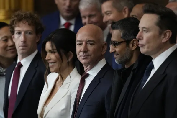 Tech billionaires, including Mark Zuckerberg, Jeff Bezos, and Elon Musk at Trump's inauguration